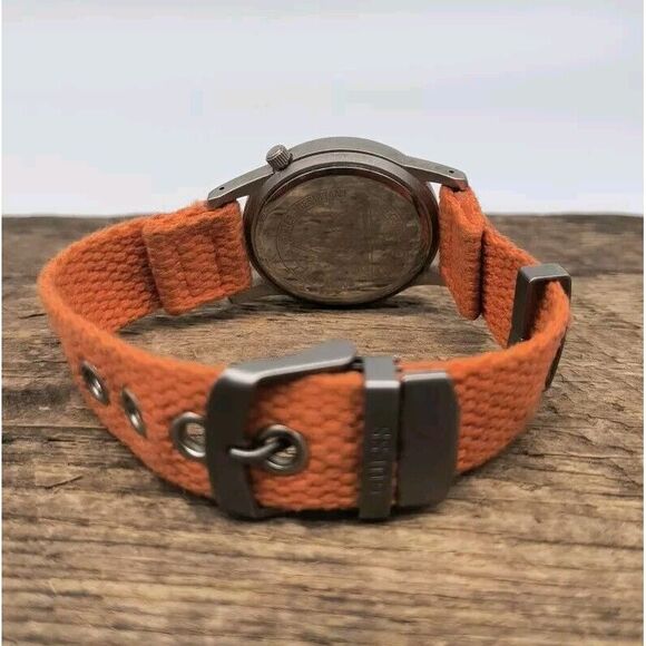 Vintage Guess 36mm Watch 1997 Silver Tone Orange Fabric Band - New Battery - Picture 3 of 8